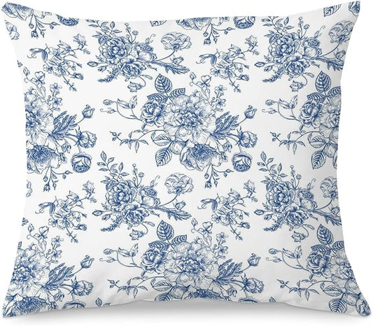 Vintage Blue Toile Floral 18x18 Pillow Cover, French Country Decor, Grandmillennial Blue and White Flower Aesthetic Decorative Throw Pillow Cover for Home Bedroom Living Room