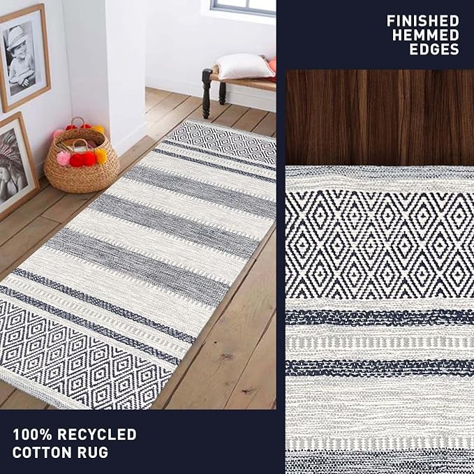 Chardin home Farmhouse Rug Runner 2x6 feet Grey & Navy | Recycled Cotton Hand Woven Rug, Long Boho Rug | Perfect for Hallways, Kitchens, Bathroom, bedrooms, Meditation Yoga Mat