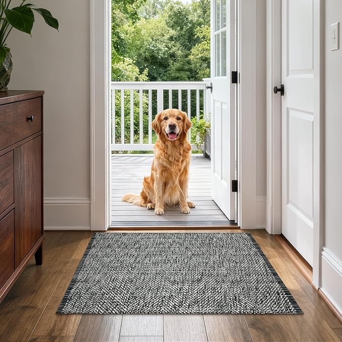 LEEVAN Washable Bathroom Rug, 2'x3' Black Woven Entryway Rug Front Door Mat Cotton Small Kitchen Rugs, Modern Reversible Laundry Room Farmhouse Carpet for Foyer Front Porch Decor