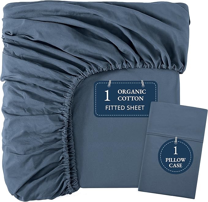 LANE LINEN 100% Organic Cotton Fitted Sheet Twin Size Set (No Flat Sheet) - Soft & Breathable Percale Weave Fitted Sheet Set - 15'' Deep Pocket For Snug Fit - GOTS Certified - Navy