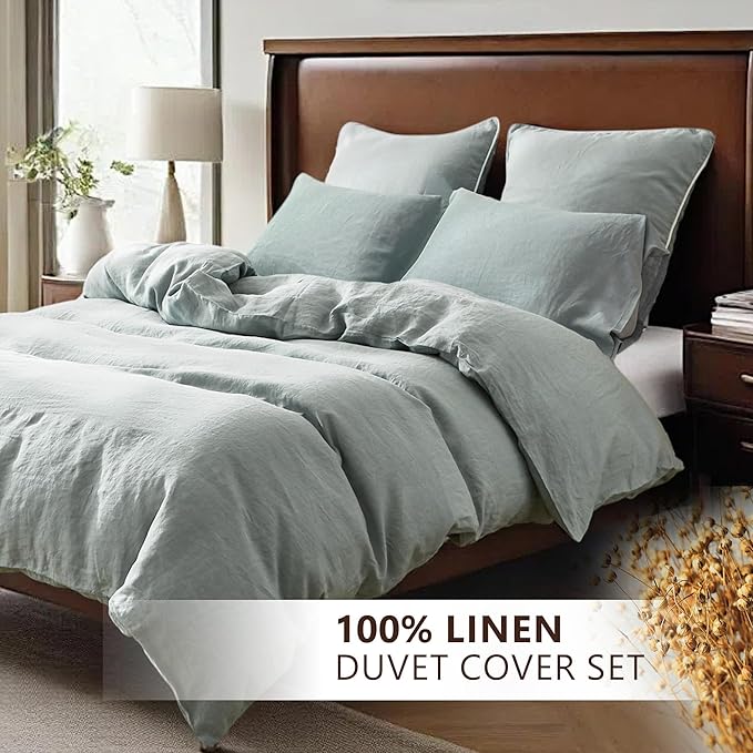 100% Linen Duvet Cover Set, 3 PCS Natural French Flax Dusty Blue Duvet Cover King Size, Breathable Soft Comfy Linen Bedding Comforter Cover with 2 Pillowcases(Dusty Blue, 104" x 92")