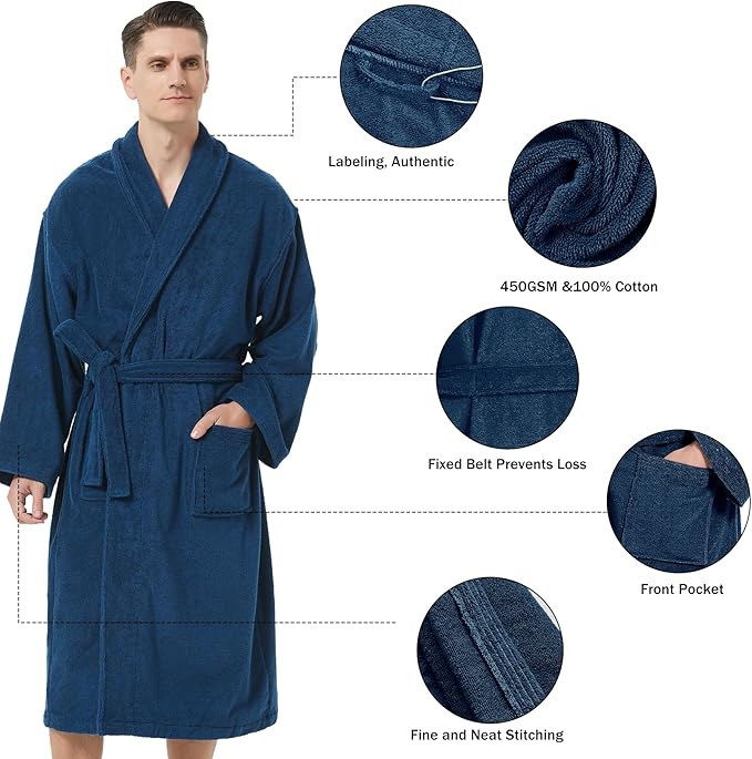 Men's Robe,Pure Cotton Robe for Men,Absorbent Bathrobe,Luxurious Terry Cloth Bathrobe with Shawl Collar