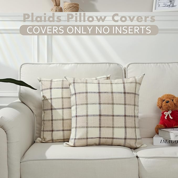 Stellhome Pack of 2 Fall Linen Buffalo Check Decorative Throw Pillow Covers, Farmhouse Plaid Cushion Covers Rustic Retro Decor for Couch Sofa Living Room, 22x22 Inch, Beige