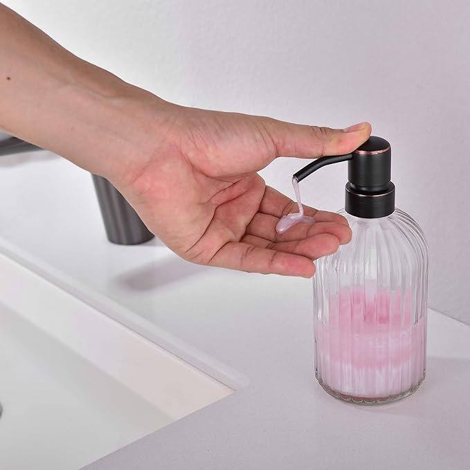 Dish Kitchen Soap Dispenser, Oil Rubbed Bronze Bathroom Liquid Soap Dispensers,with Rustproof Stainless Steel Pump,16 Oz Clear Glass Bottle,2 Packs