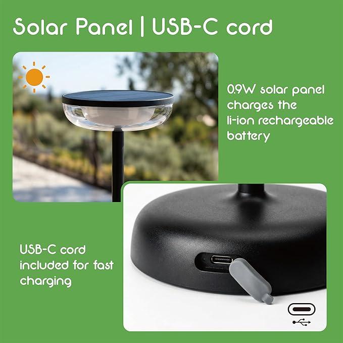 Cocktail Style Solar Table Lamp - Cordless LED Light with USB-C Charging, Dimmable Warm 2700K Glow, Weather Resistant for Indoor/Outdoor Use - Black, 1 Pack