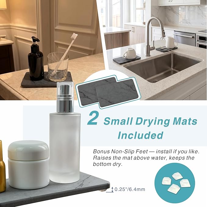 Diatomaceous Earth Stone Dish Drying Mat for Kitchen Counter – Quick Drying Mat Set (1*Large 23"×15.5" & 2*Small 7.5"×4") | Kitchen Drying Mat for Dishes, Cups & Utensils, Sink Mat (Grey Marble)