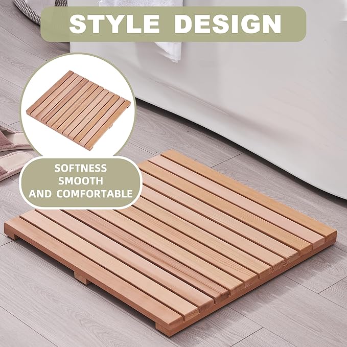 bingaai Cedar Wood Shower Mat 24" × 24", Cedar Wood Bath Mat Square, Wooden Shower Stall Mat Non-Slip for Bathroom Bathtub Spa Sauna Garden Home, Wooden Floor Mat Large for Indoor and Outdoor