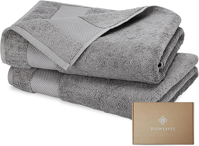 BIOWEAVES 100% Organic Cotton 700 GSM Plush Bath Towels 30" x 58" GOTS Certified - Light Grey, Pack of 2