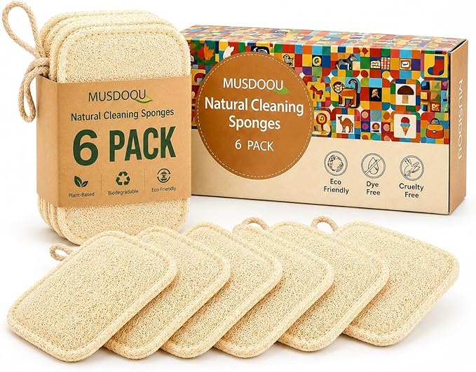 Natural Loofah Dish Scrubber Sponges, 6 Pack Large Plant-Based Kitchen Cleaning Pads, Compostable Non-Scratch Scouring Sponge for Dishes, Sink, Grout and Tile, 4.4 x 2.8 in