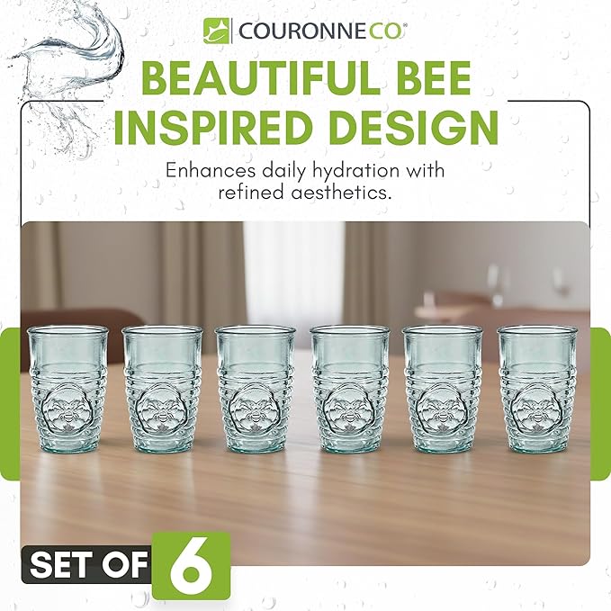 COURONNE CO. Clear Recycled Drinking Glass Tumbler, Perfect for Cocktails, Refreshments & Everyday Use, Restaurant Grade, Crafted without lead-based materials (11.2 Oz, Bee), Pack of 6