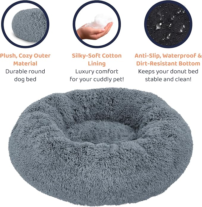 Donut Dog Bed - Premium Comfort for Anxiety Relief - Fluffy & Calming Design with Ultra-Plush Support | Cozy Round Dog Bed with Super Soft Circle Style (Dark Grey, Large)
