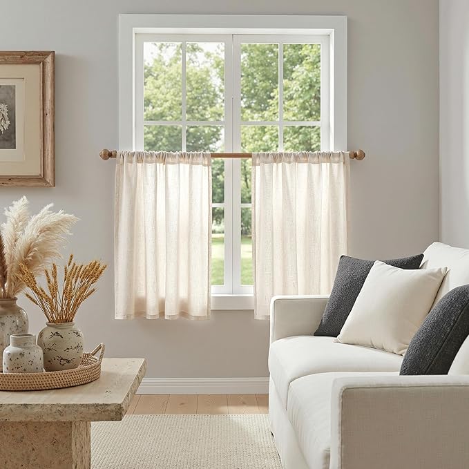MYSKY HOME Natural Linen Curtains 30 Inches Long for Kitchen Window Semi Sheer Light Filtering Cafe Curtain Tiers Rod Pocket Short Country Decor Drapes for Basement/Small Window, 2 Panels, 34 x 30 in