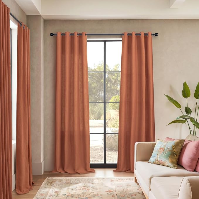 Pitalk Terracotta Curtains 84 Inch Length 2 Panels Sheer Linen Light Filtering Grommet Bohemian Boho Curtains for Living Room Bedroom Extra Wide 52 Inch by 84 Inches Long Rust Colored Red Brown