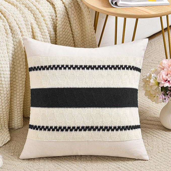 Fancy Homi Set of 2 Boho Black Decorative Throw Pillow Cover 22x22 Inch for Couch Bed Sofa, Aesthetic Modern Organic Farmhouse Home Decor, Soft Cotton Cute Accent Macrame Woven Cushion Case