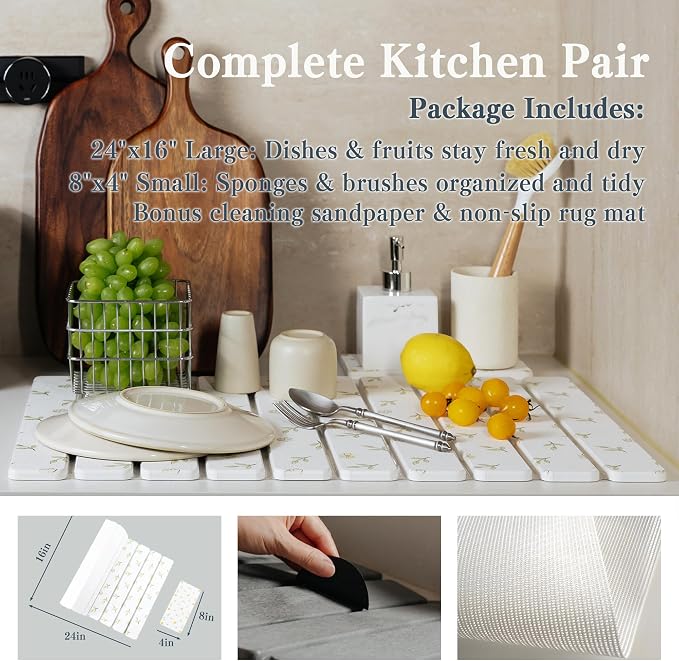 2pcs Stone Dish Drying Mat for Kitchen Counter, Quick-Dry Diatomaceous Earth Water Absorbent Pad & Countertop Drainer, Home Essentials for Bath and Pets - White & Floral, 24x16’’ & 8x4’’
