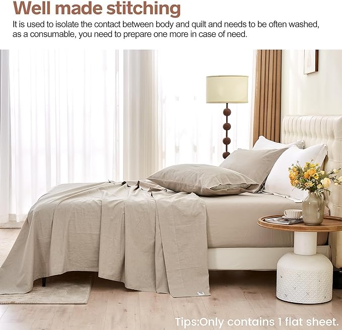 BISELINA Linen Sheet French Flax Flat Sheet Only 55% Euro Linen 45% Cotton Basic Style Solid Color Soft Breathable Farmhouse Top Sheet 1-Piece (California King, Khaki)