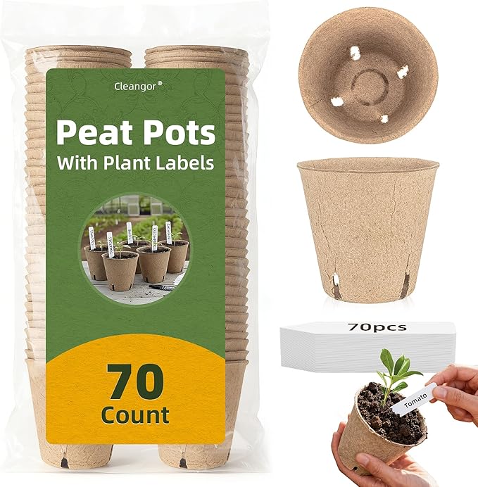 CLEANGOR 70Pcs Biodegradable 4” Peat Pots with 70Pcs Plant Labels | Biodegradable Seed Starter Pots with Drainage Holes, Nursery Pots for Seedlings, Herbs, Vegetables, Flowers, Gardening Kit