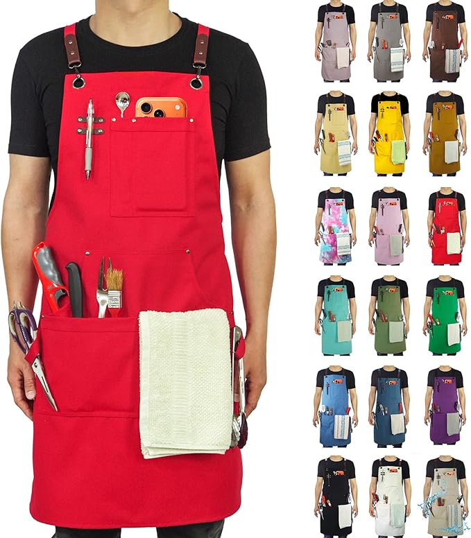 Kitchen Apron, Work Apron, Canvas, Multiple Pockets, Gardening, Painting, BBQ, Artist, Carpenter, Sizes M to XXL, Red