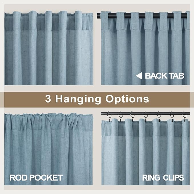 Pitalk Light Blue Wide Curtains for Windows Extra Width 60x90 Inch Long Back Tab Pole Pocket Semi Sheer Light Filter Linen Curtain Blinds for Bedroom Living Room 5 x 7.5 FT 5x7.5 Stone Blue Grey Gray