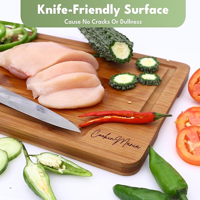 Bamboo Cutting Board Set of 3 for Kitchen – Wooden Chopping Boards with Juice Grooves & Built-In Handles, Durable Food-Safe Bamboo Boards for Meat, Vegetables & Fruits