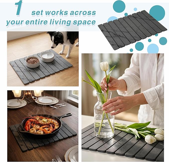 Diatomaceous Earth Stone Dish Drying Mat for Kitchen Counter – Quick Drying Mat Set (1*Large 23"×15.5" & 2*Small 7.5"×4") | Kitchen Drying Mat for Dishes, Cups & Utensils, Sink Mat (Grey Marble)