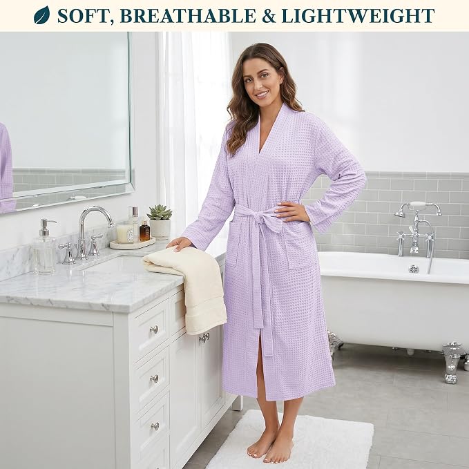PAVILIA Womens Waffle Knit Robe Lightweight Cotton Blend Full Length House Bathrobe with Pockets