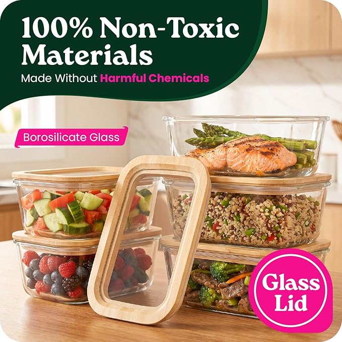 6-Pack Glass Food Storage Containers with Clear-Top Bamboo Lids – Plastic Free 27 Oz Glass Meal Prep Containers for Lunch, Eco Friendly Airtight Food Storage, Microwave & Freezer Safe