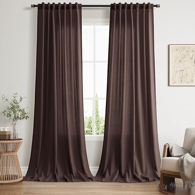 Coffee Brown Linen 112 Inch Curtains for Living Room Light Filtering Semi Sheer Curtain Back Tab Modern Rustic Home Decor Neutral Drapes Floor to Ceiling High Window for Bedroom 52x112, 2 Panels