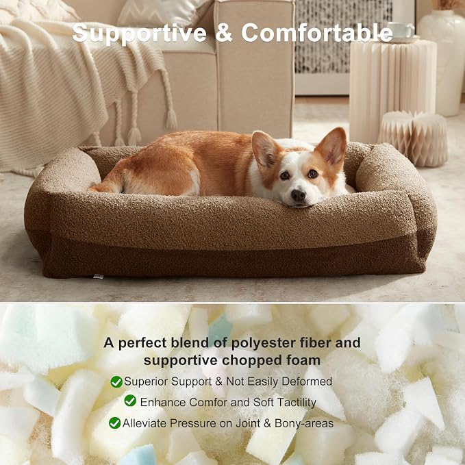 FURTIME Washable Dog Bed Medium Size Dogs, Rectangle Comfy Fluffy Small Dog Bed, Removable Zipper Cover Machine Wash, Orthopedic Bed Durable Pet Cuddler with Anti-Slip Bottom, 25x21x7 in, Brown