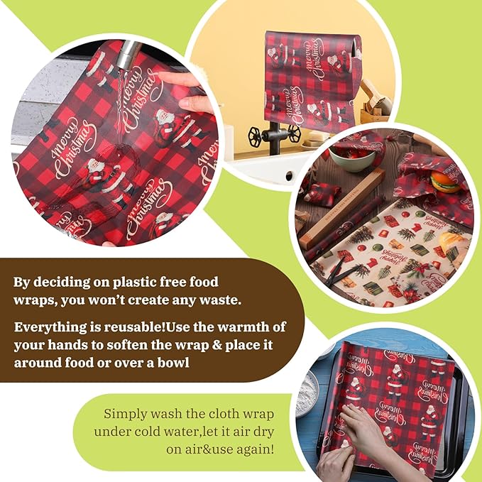 3 Rolls Reusable Beeswax Wraps for Food 13 x 40 Inches Bees Wax Wraps Reusable Food Storage Wrap Beeswax Paper Roll for Bread Sandwich Cheese Fruit Snacks(Santa)