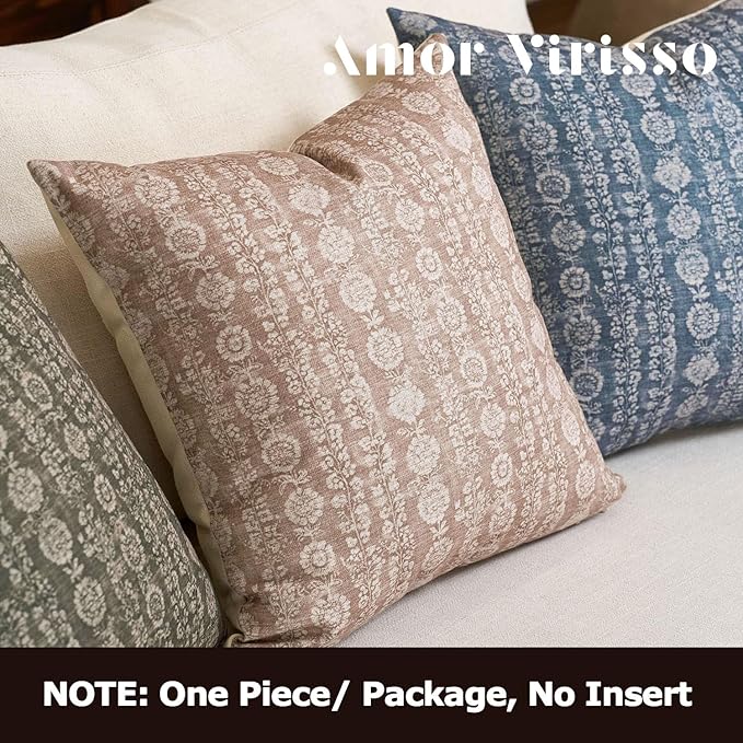 Amor Virisso Vintage Floral Throw Pillow Covers 18x18 Striped Farmhouse Block Print Pillow Cover Boho Neutral Decorative Pillows for Living Room Bed, Light Camel