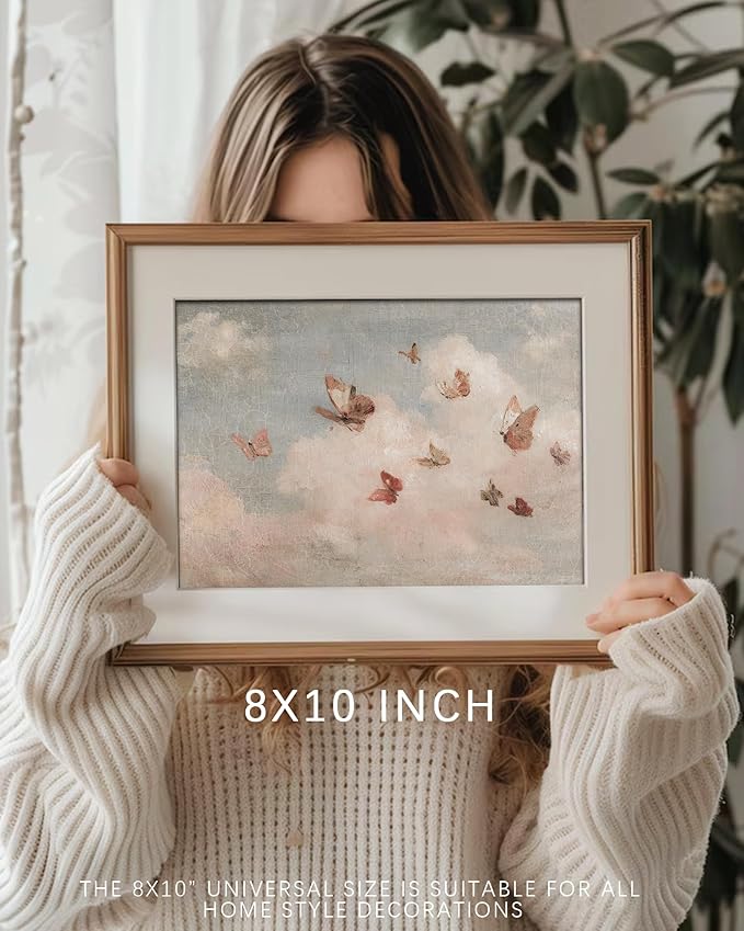 Vintage Whimsical Butterfly Wall Art Vintage Nursery Wall Art Cottagecore Girls Room Decor Cottage Butterfly Landscape Oil Art Print Country Field Style Retro Wall Decor for Gallery Living Room Bedroom (UNFRAMED 8x10in)