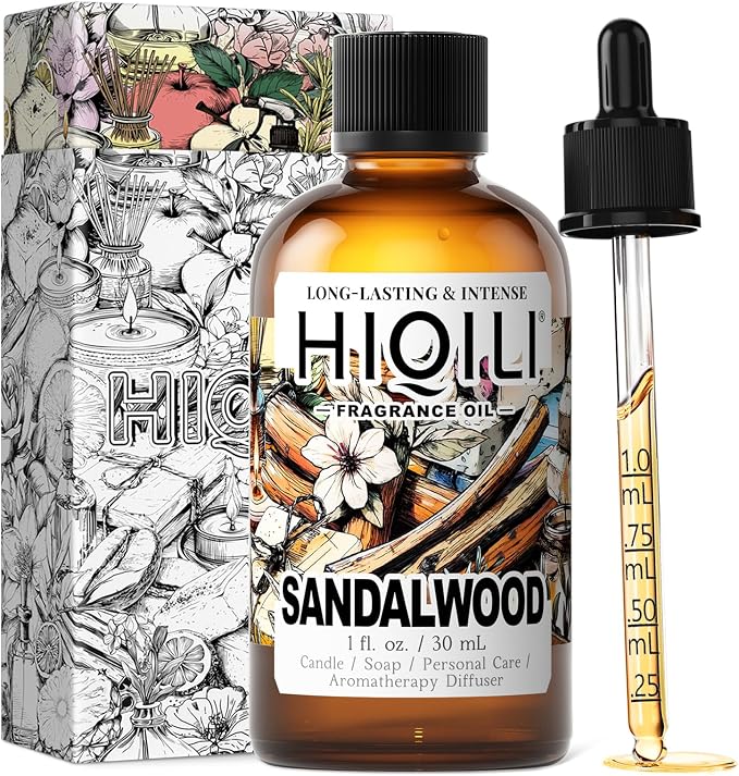 HIQILI Sandalwood Fragrance Oil for Skin Care, DIY Body Product - 1 Fl Oz | Long Lasting Luxury Hotel Scent for Home Diffuser, Perfect for Candle & Soap Making, Pet Safe, Graduated Dropper Included