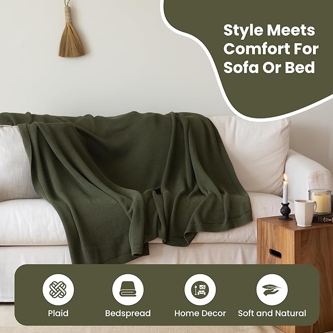 Dalisa 100% Organic Turkish Cotton Throw Blanket - GOTS Certified, Cozy - Perfect for Couch, Bed, and Home Decor - Boho Vintage Knit Alina (Pepper_Green, 60x80)