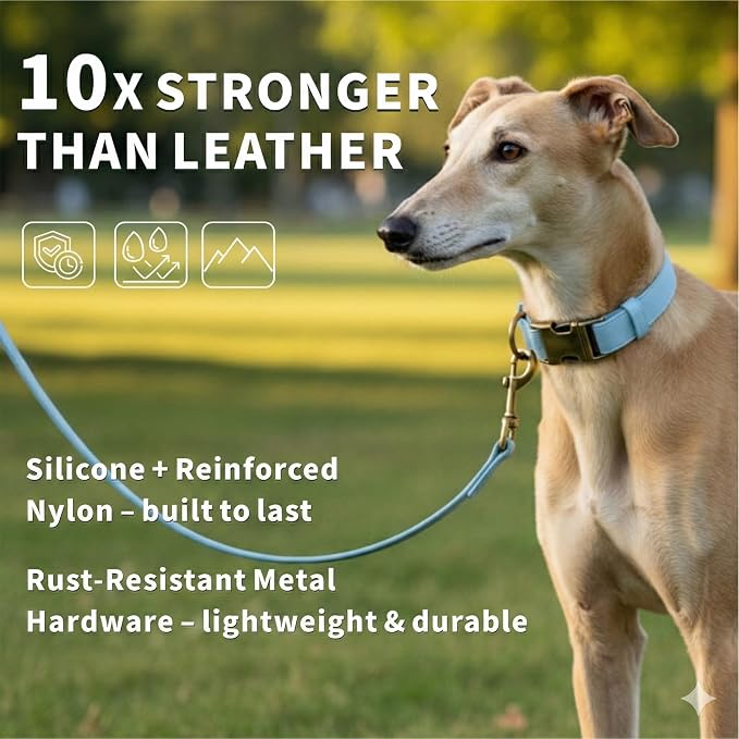 Silicone Dog Collar and Leash Set, Waterproof & Odor-Proof Puppy Collar for Small Dogs, Soft Flexible Leather-Look Dog Collars, Durable Thick Adjustable Pet Collar (Blue, Large (16-24.5" Neck))
