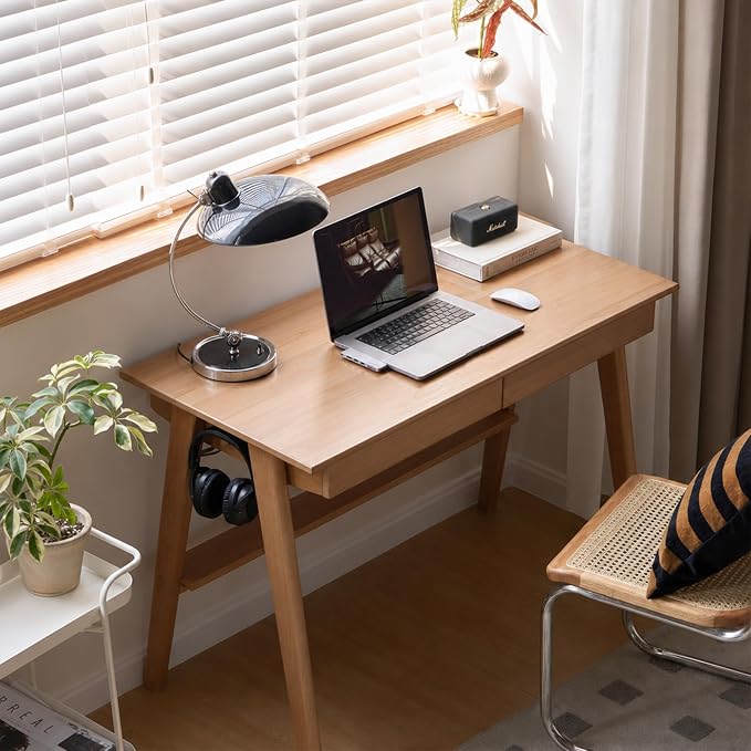 YESWOOD 100% Solid Rubber Wood Desk, Mid Century Modern Writing Computer Desk in Walnut Finish with Drawer for Home Office, Sturdy Room, Bedroom 47.24" W Natural Wood
