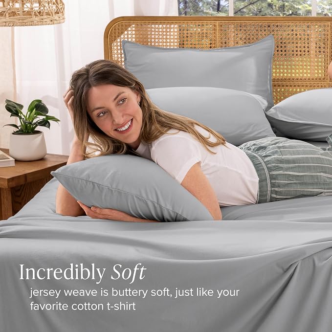 Bare Home 100% Organic Cotton Jersey Sheet Set, Ultra Soft, 100% Cotton - Sheet Set & Pillowcase - Deep Pocket Bed Sheets (Full, Light Grey)