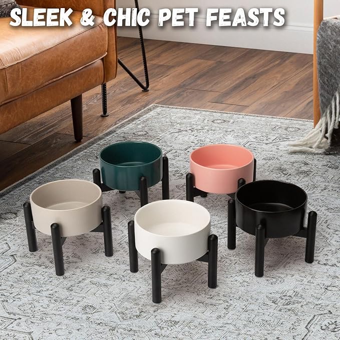 Raised Ceramic Dog Bowl, 6.1'' Modern Feeding Bowl with Non-Slip Stainless Steel Stand, Elevated Food or Water Dish for Small to Medium Dogs, 2 Cups (28.75 fl oz)- Pink