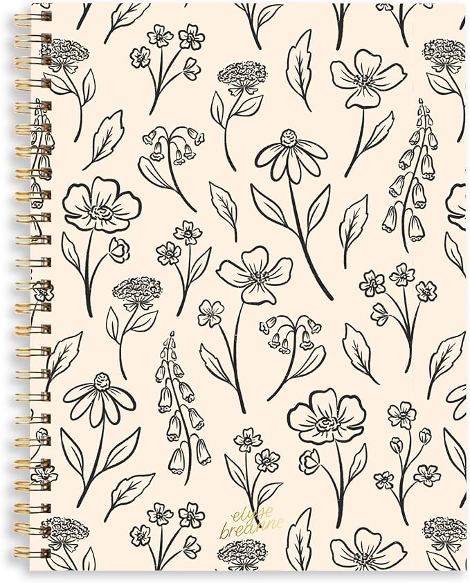 Elyse Breanne Design, 70 Page, College Ruled Sheets, 8.5" x 11", Recycled Paper, Laminated Soft Cover, 1 Subject, Spiral Bound Notebook, Ivory Pressed Floral