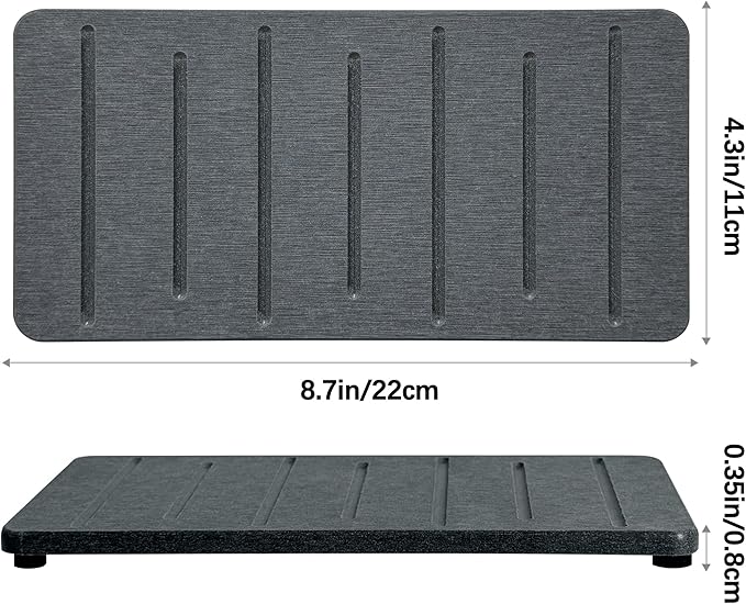 2PCS Water Absorbing Stone Tray for Cosmetics & Hand Soap & Houseplants, 8.7" x 4.3" Ultra-Absorbent Diatomite Coaster | Fast-Drying Bathroom & Kitchen Organizer, Dark Gray
