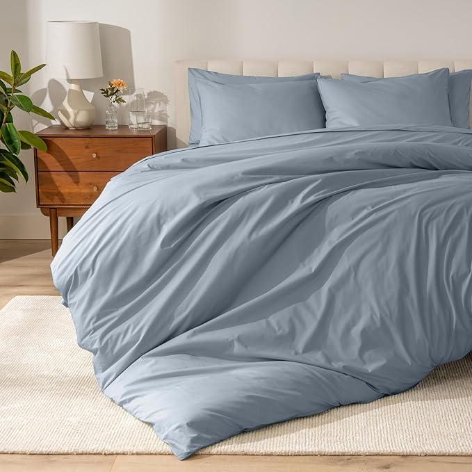 Bare Home 100% Organic Cotton Extra Long Duvet Cover Set - Crisp Percale Weave - Lightweight & Breathable - Cooling Duvet Cover Set (Twin/Twin XL, Dusty Blue)