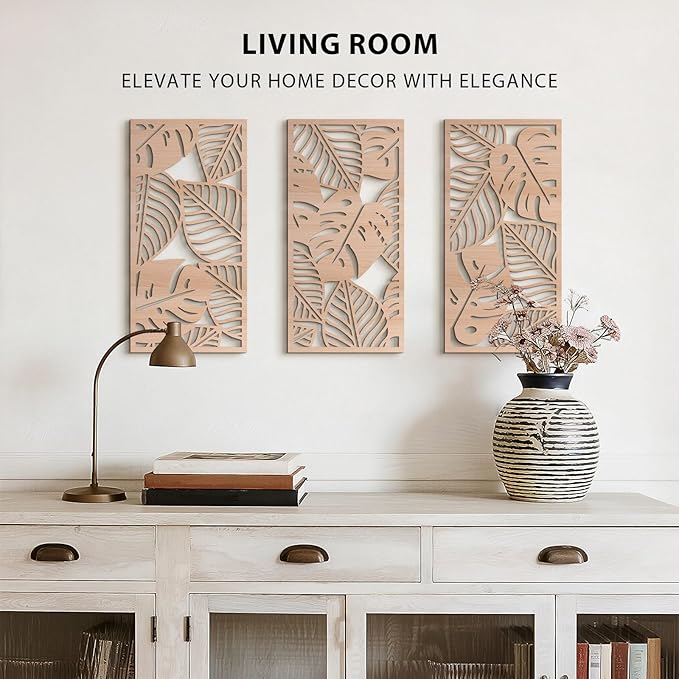 VIYYIEA Boho Solid Wood Carved Wall Art Set of 3, Geometric Minimalist Wooden Home Decor Panels, Handcrafted Solid Wood Wall Hanging for Living Room Bedroom Hallway, 16 x 8 Inch Each (Leaves Oak)