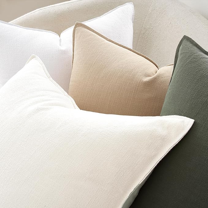 Linen Green Pillow Covers with Flange Design Pack of 4 Decorative OliveGreen Throw Pillow Covers Soft Accent Boho Couch Pillowcases Farmhouse for Living Room Bed Sofa 16x16 Inch