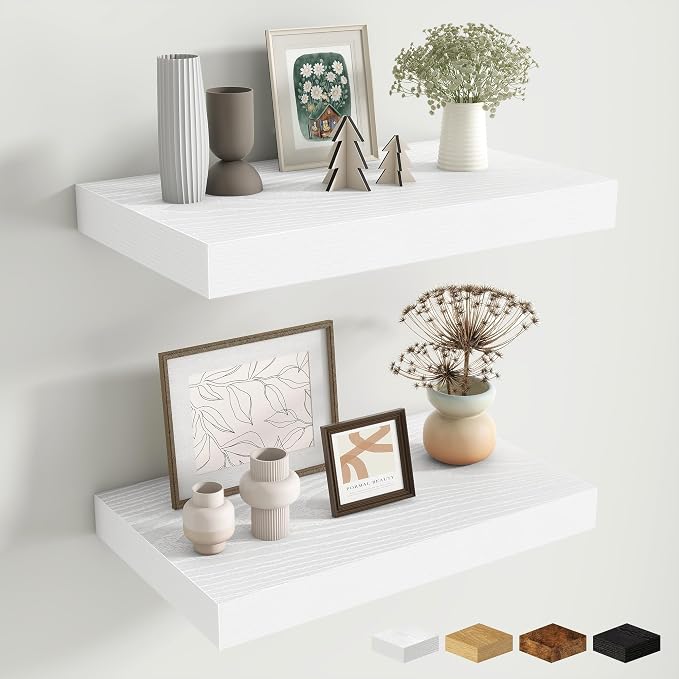 Fun Memories Wood Floating Shelves 16 Inch, 10 Inch Deep Shelves Wall Mount, Wall Shelves with Invisible Bracket, 16" Floating Shelves for Living Room Bathroom Bedroom, White, Set of 2