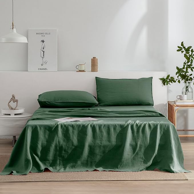 EVERLY Linen King Size Sheets Set,100% French Washed Pure Linen Bed Deep Pocket Sheets,4Pieces(1Flat Sheet,1Fitted Sheet,2Pillowcase) Suitable for Hot Sleepers,180GSM Dark Green Bedding Set