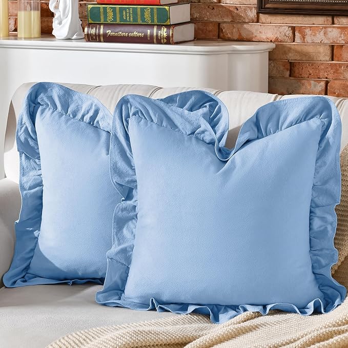 AmHoo Pack of 2 Throw Pillow Covers 100% Cotton Pre Washed Ruffle Decorative Pillowcase Cushion for Couch Sofa Bedroom 24 x 24-Inch Light Blue