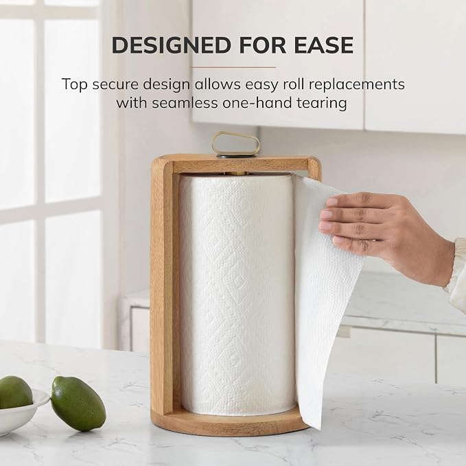 Anji Mountain Wooden Paper Towel Holder with Iron Holder, Holder Stand for Kitchen Roll Organizer & Kitchen Dining Table Home Décor, Countertop Fits Jumbo & Mega Rolls - Mango/Gold, Top Load