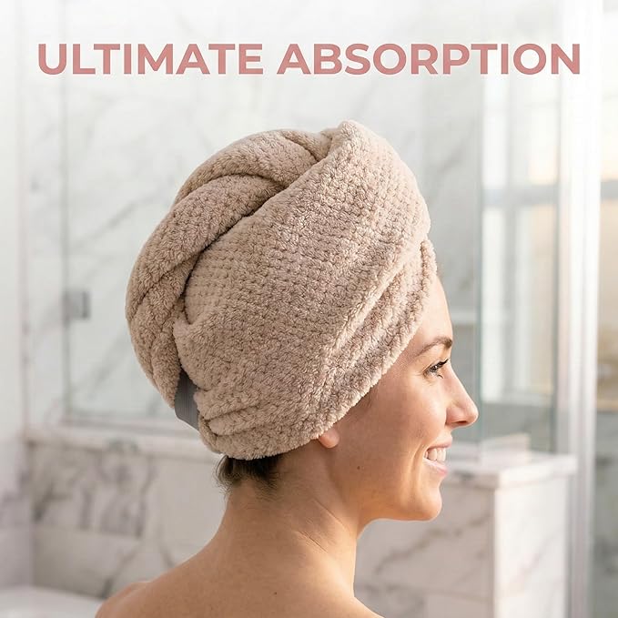 Microfiber Hair Towel Wrap for Curly Hair, Super Absorbent Quick Drying Hair Turban, Thick Lint Free Hair Drying Cap for Women Long Thick Hair, Lightweight 90g (Blue + Coffee)