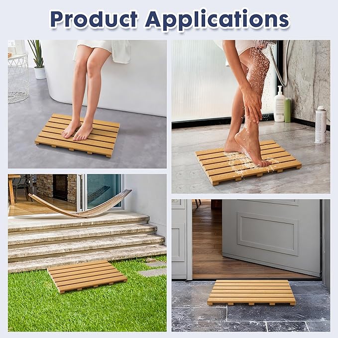 Bamboo-Design Bath Mat, Heavy Duty HDPS Plastic, 19.7" x 13.8", 400lb Support, 100% Waterproof & Fadeproof, Superior to Real Bamboo for Bathroom Spa Sauna Poolside Outdoor (Bamboo Color)