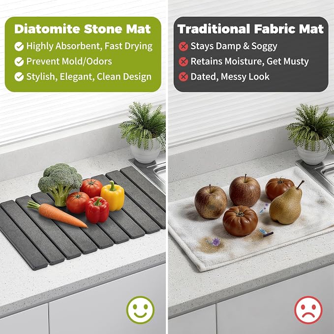 24’’ Larger Stone Drying Mat for Kitchen Counter[Super Absorbent, 30s Quick Drying] Stone Dish Drying Mat Collapsible Drying Matt Kitchen Counter Dish Drying Stone Mat Kitchen Sink Diatomaceous Earth
